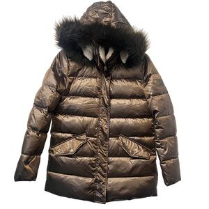 Lauren RALPH LAUREN Women’s Down Puffer Jacket Gold Parka Small Fur Hoodie Zip